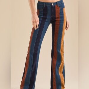 Altar'd State Blue and Brown Striped Flare Jeans